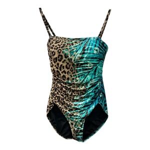 Contours by Coco Reef Swimsuit Womens 10/34C Leopard Teal Palm One Piece Ruched